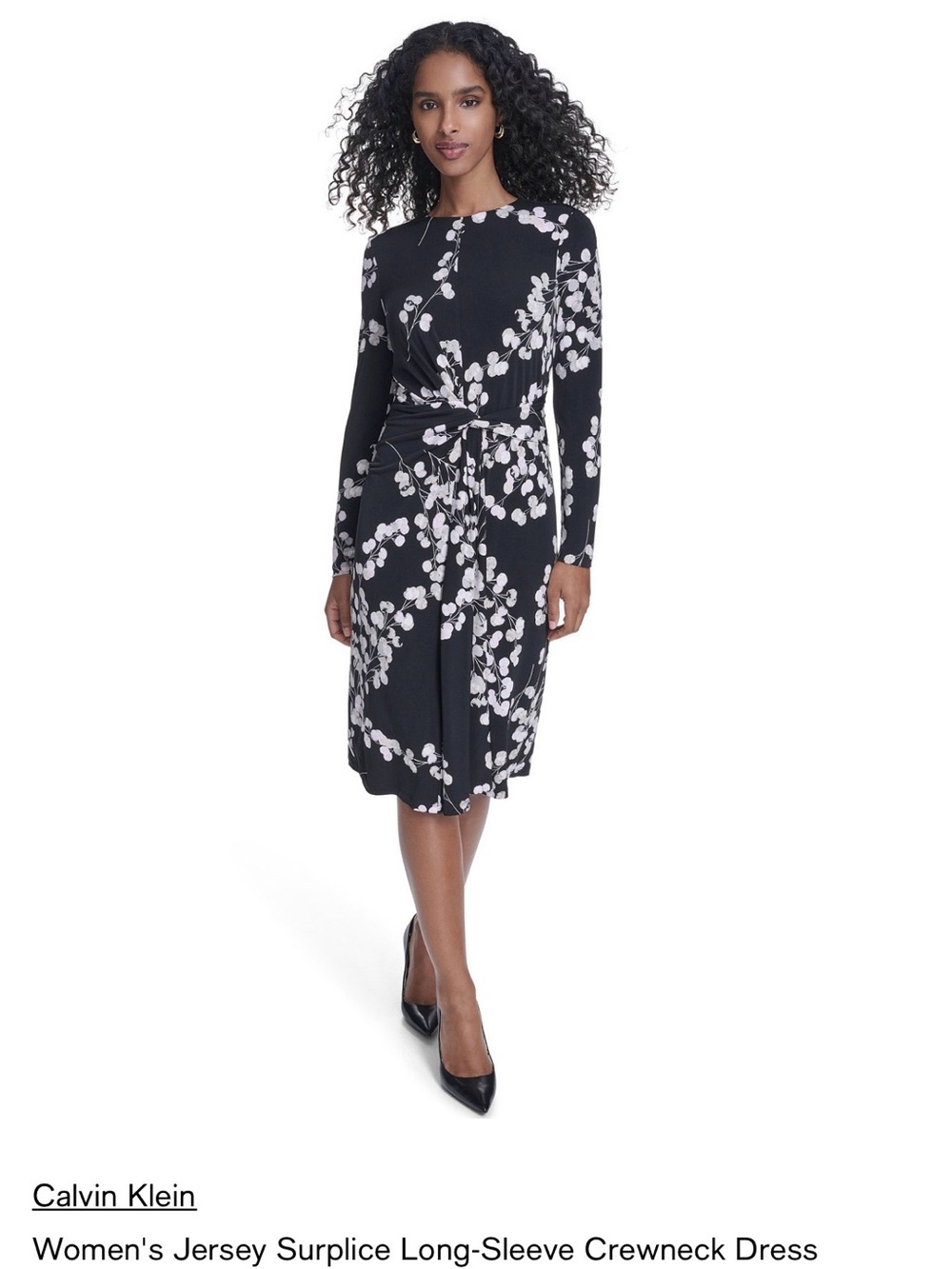 NWT Calvin Klein Black Dress with White Floral Print — Long Sleeve Jersey
